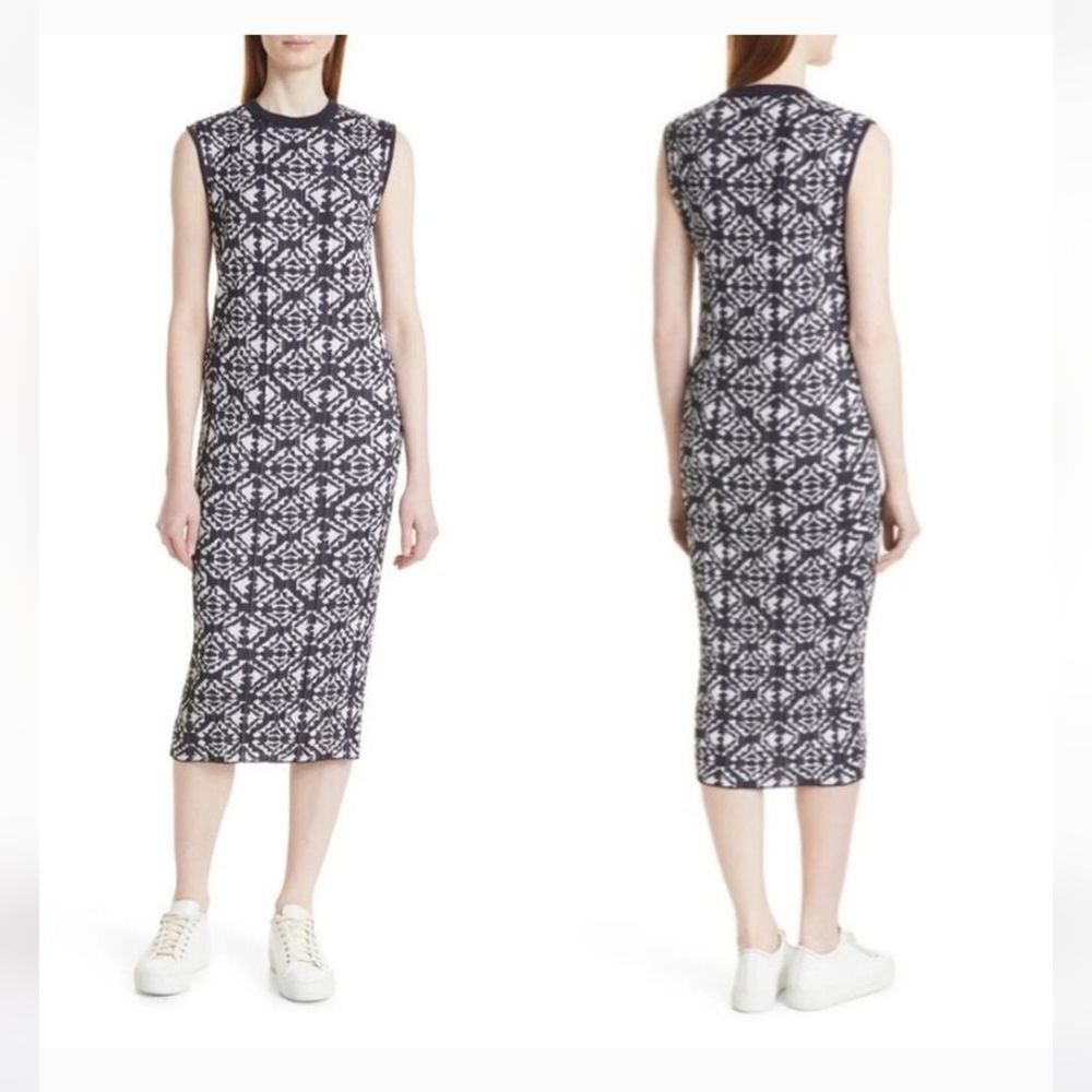 Hugo Boss Feyre's Geo Pattern Ribbed Sheath Dress in Midnight Fantasy XS S